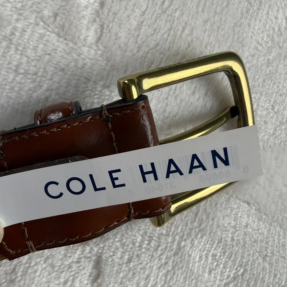Cole Haan Leather Belt Mens 40 Brown Gold Buckle Preppy Business Dressy Polished